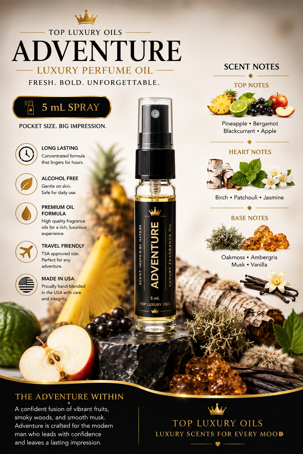 Adventure Luxury Perfume Oil – Fresh Fruity Woody Men's Fragrance