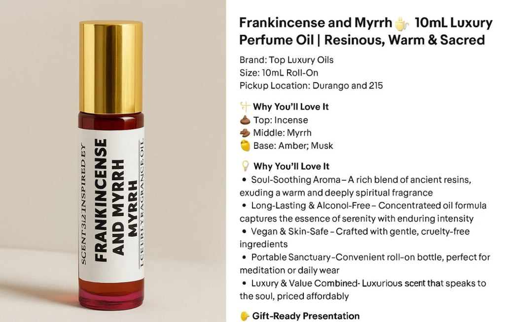 Frankincense & Myrrh 10mL Roll-On Perfume Oil ✨ Spiritual, Warm & Earthy Scent

🌿 Fragrance Notes:

• Top: Frankincense

• Middle: Myrrh