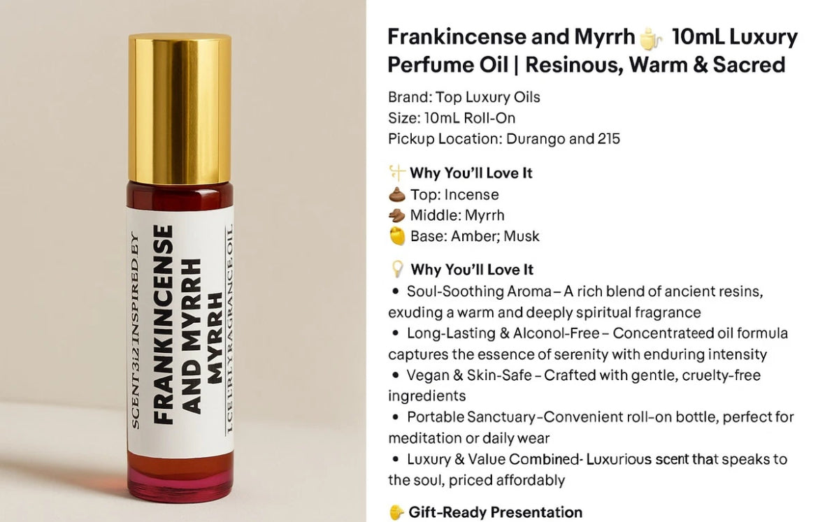 Frankincense & Myrrh 10mL Roll-On Perfume Oil ✨ Spiritual, Warm & Earthy Scent

🌿 Fragrance Notes:

• Top: Frankincense

• Middle: Myrrh