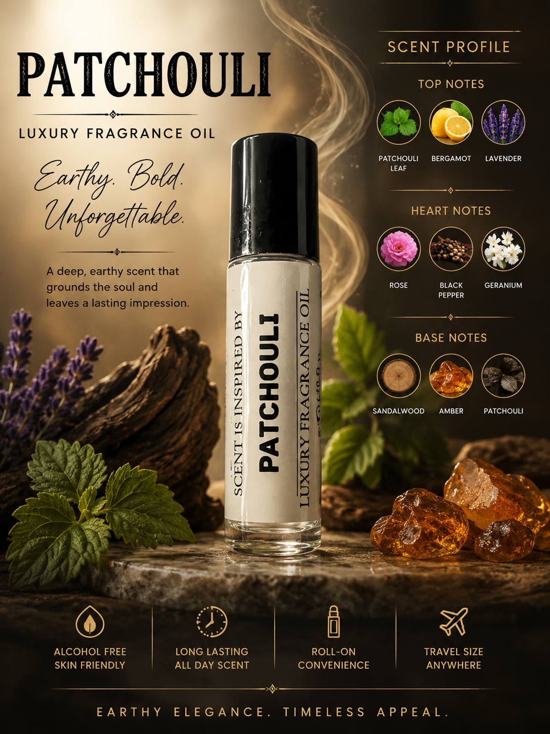 Patchouli Luxury Fragrance Oil Roll-On 10ml Long Lasting Earthy Woody Unisex Travel Size